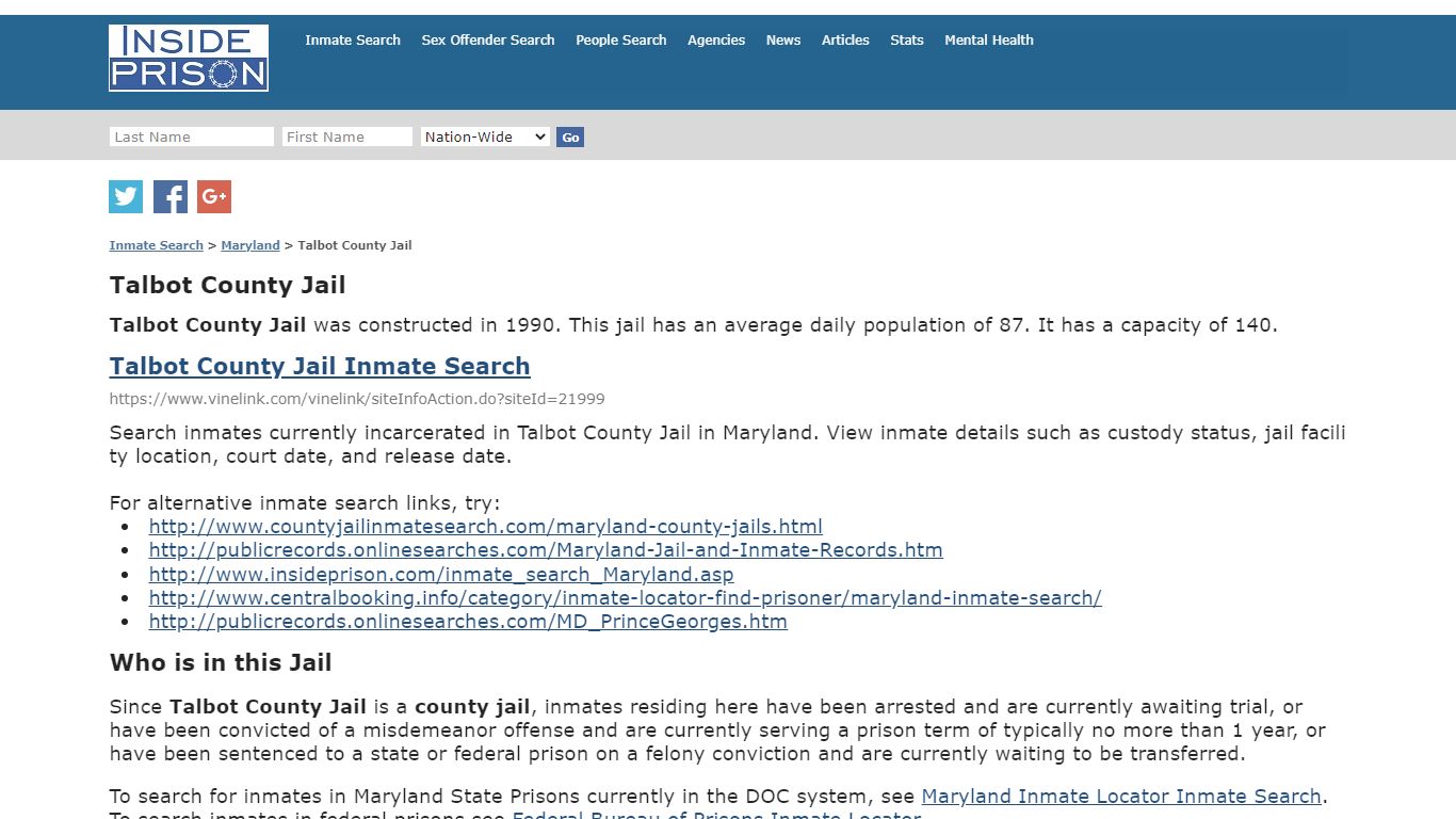 Talbot County Jail - Maryland - Inmate Search - Inside Prison